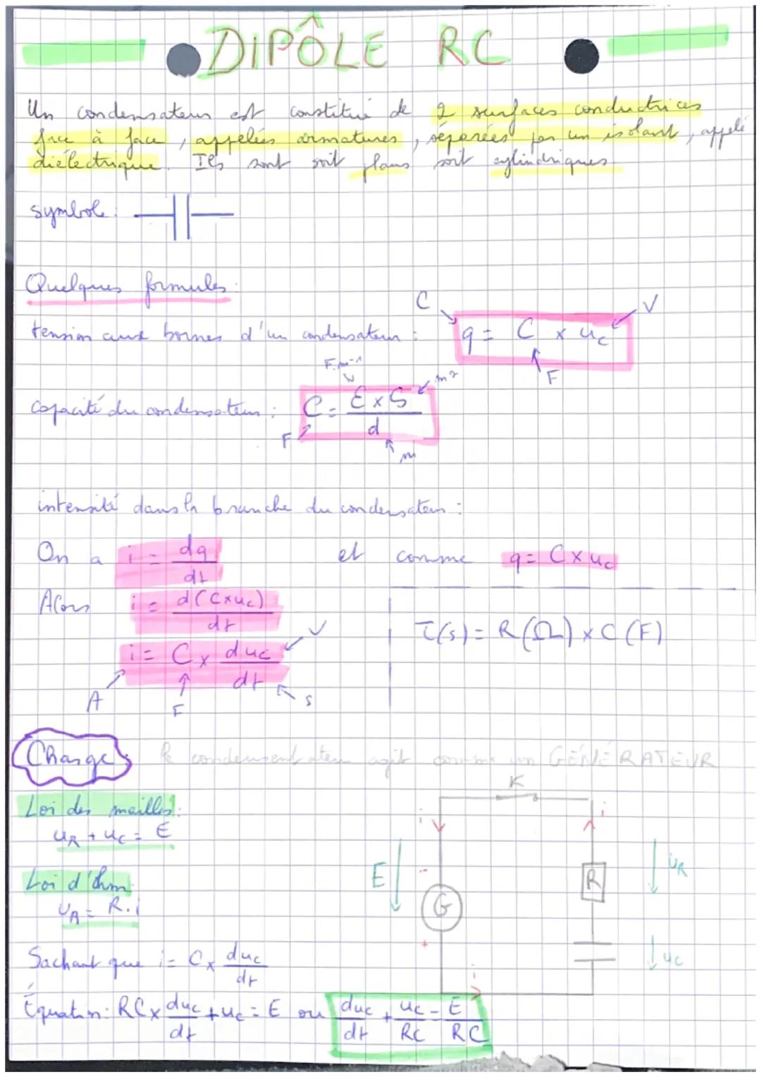 # DIPOLE RC
Un condensateur est constitué de 2 surfaces conductrices
face à face, appelés armatures, séparées par un isolant, appelé
dielec