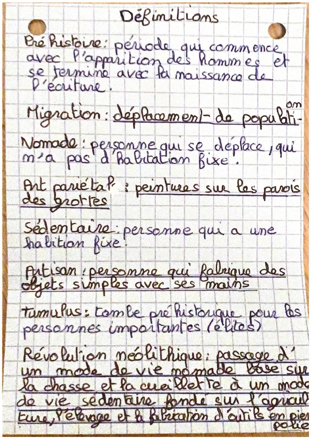 # Définitions
Pré histoire: période, qui commence
avec P'apparition des hommes et
se termine avec fa maissance de
D'écriture.
om
Migration