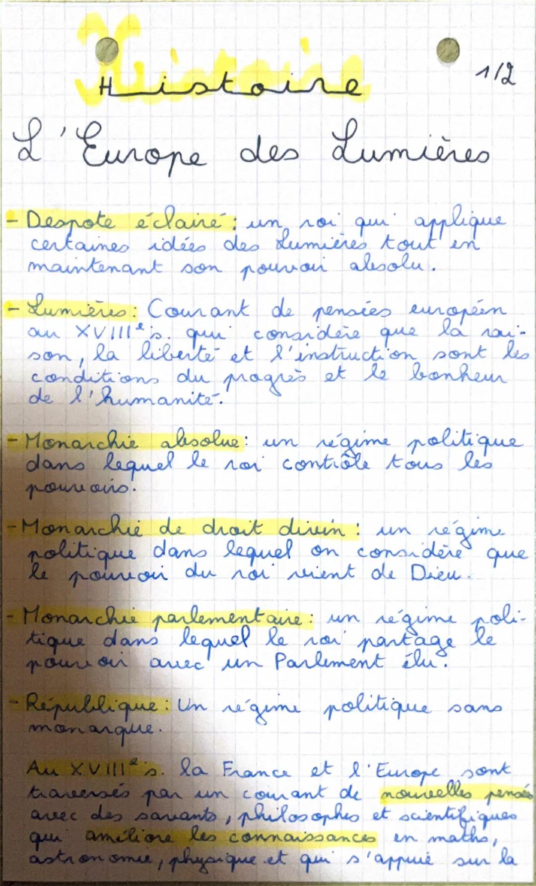 Histoire
1/2
L'Europe des Lumières
ло
qui applique
Despote éclairé :
un
certaines idées des Lumières tout in
maintenant son pouvoir absolu.