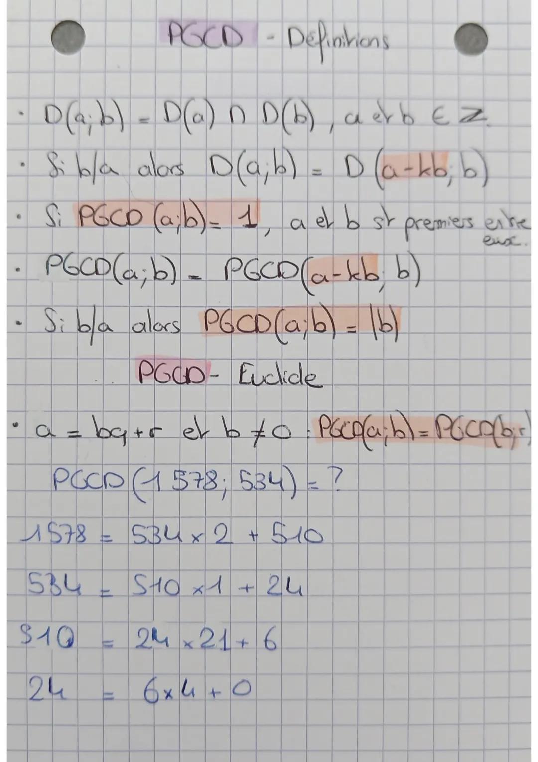 # PGCD - Defintions
- D(a;b) = D(a) n D (b), aero $\mathbb{E}$Z
- Sibla alors D(a;b) = D (a-ko, o)
- Si PGCO (a;b)= 1, a et b st premies ei