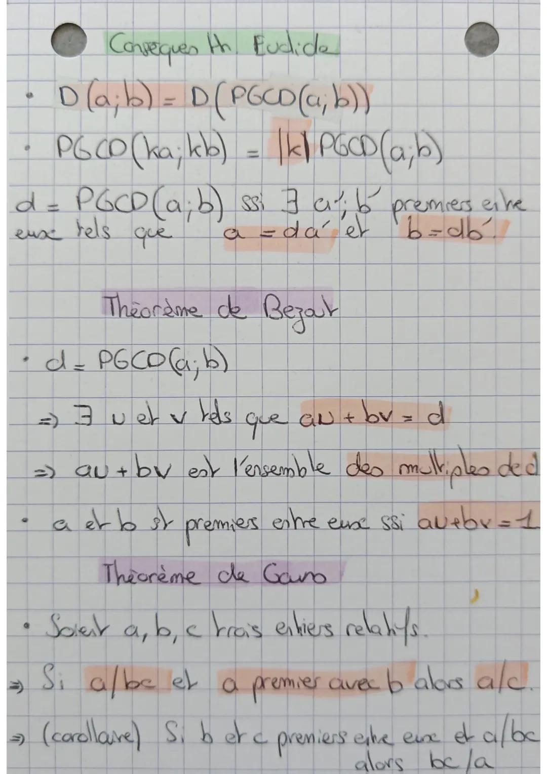 # PGCD - Defintions
- D(a;b) = D(a) n D (b), aero $\mathbb{E}$Z
- Sibla alors D(a;b) = D (a-ko, o)
- Si PGCO (a;b)= 1, a et b st premies ei