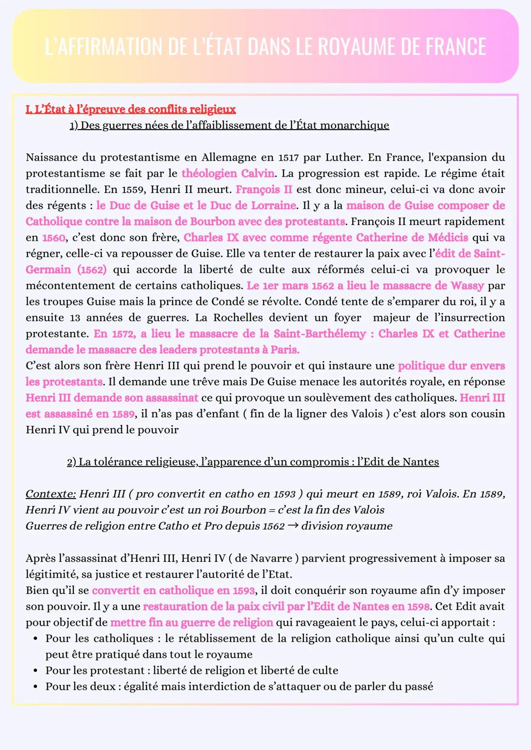 L'AFFIRMATION DE L'ÉTAT DANS LE ROYAUME DE FRANCE
I. L'État à l'épreuve des conflits religieux
1) Des guerres nées de l'affaiblissement de l
