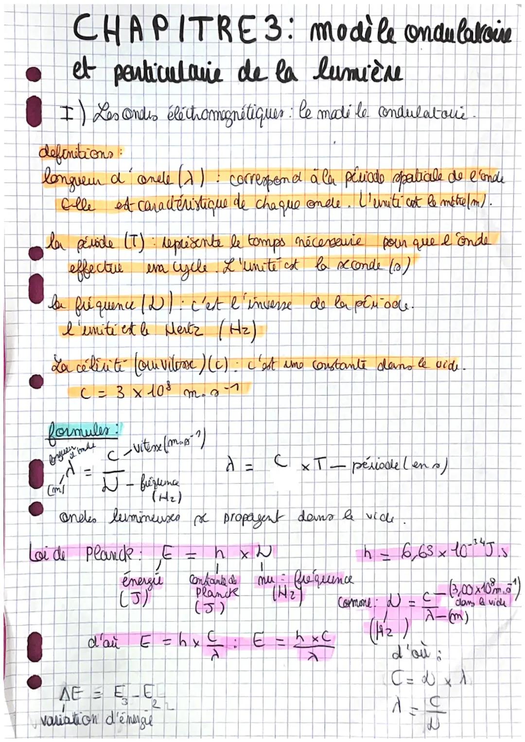CHAPITRE 3: modèle ondulatoire
et particulare de la lumière
I) Les ondes éléctromagnétiques : le mati le condulatoue
definitions:
longueur d
