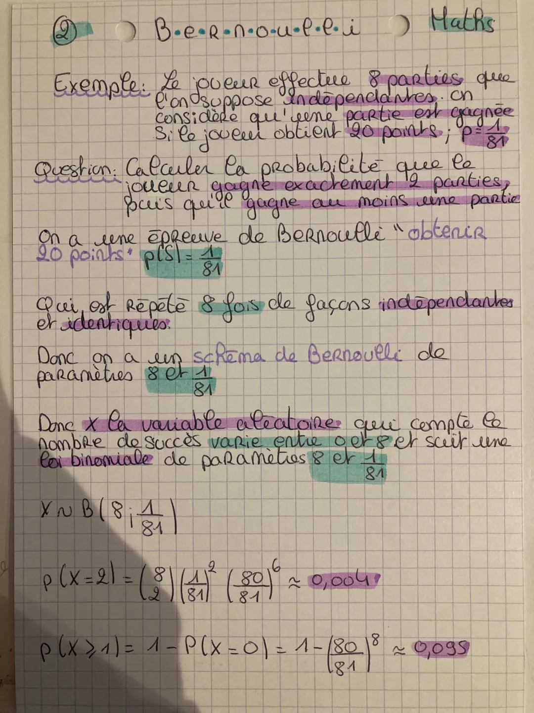 O
P
Il y a:- un succès S de probabilite
-len échec 5 de probabilite 1-P
Р
O
Schema de Bernoulli
S
épreuve de Bernoulli?
experience qui admet