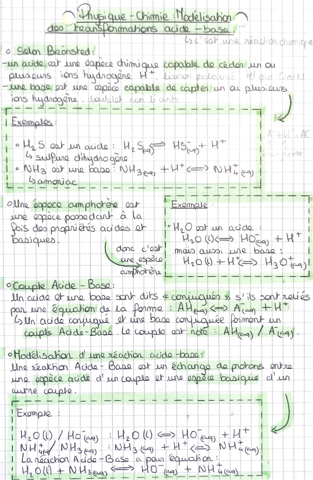 Physique - Chimie : Modélisation
des transformations acide-base
• Selon Brönsted:
-un acide est une espèce chimil
que capable de céder un ou