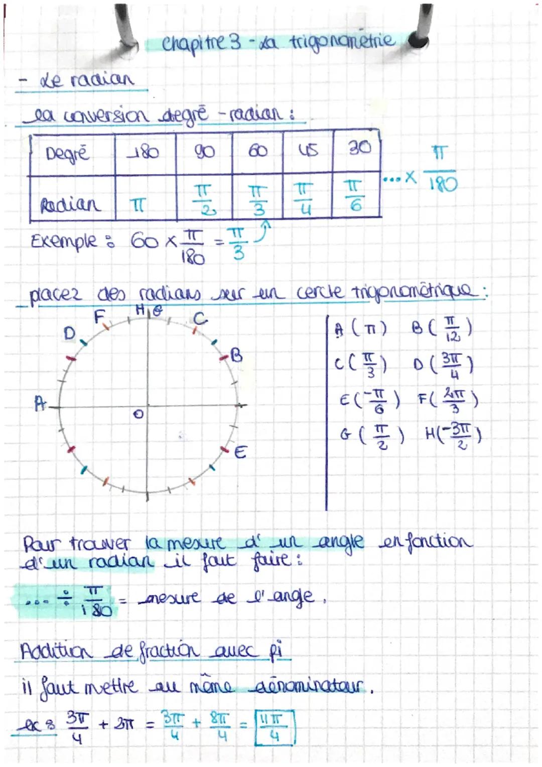 Le radian
la conversion degre-radian:
Degré
180 90
Chapitre 3-a trigonometrie
A.
TT
Radian TT
Exemple : 60XT = 773
उ
180
O
8 km
∙B
60
ㅠ
TA
3