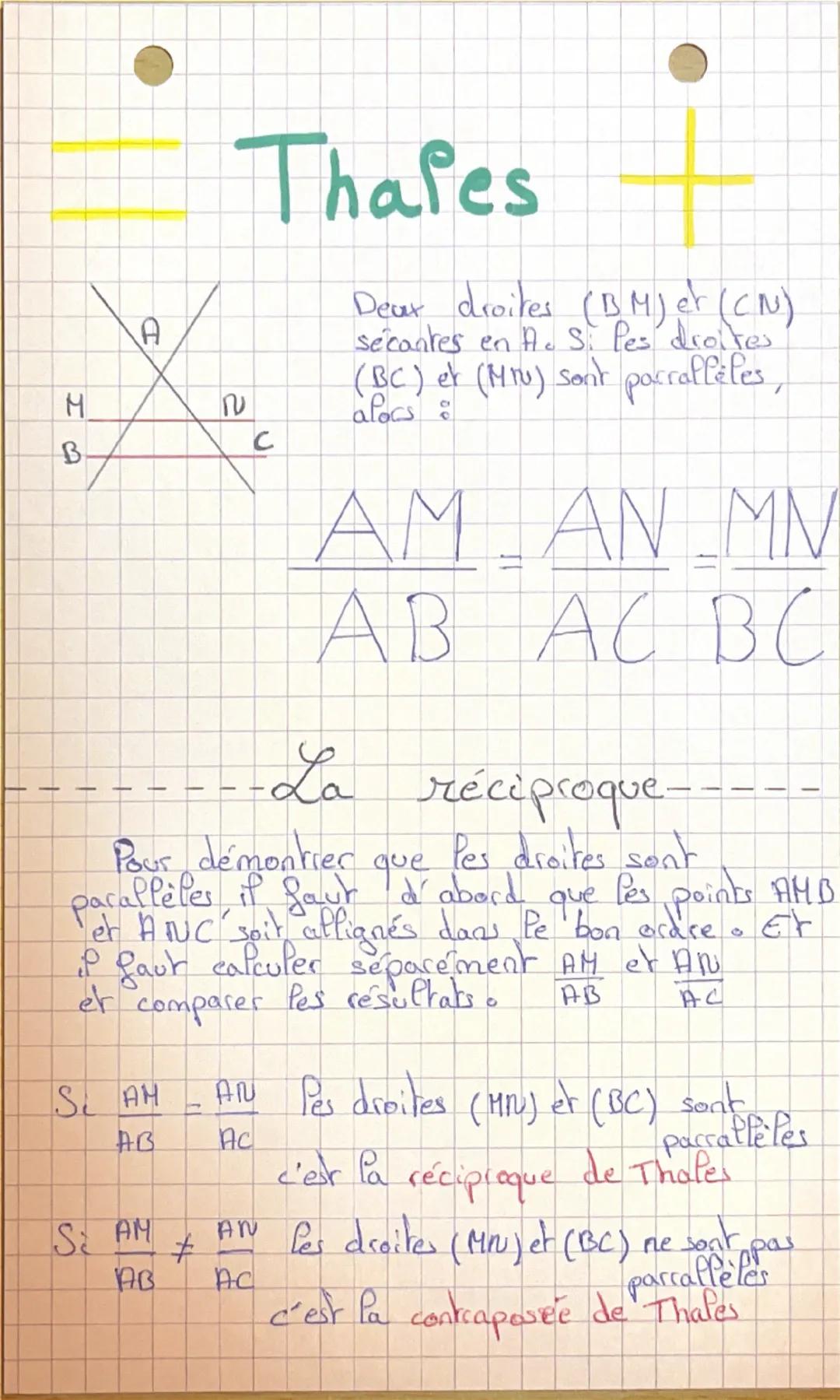 Σ
B
A
2
Thales
C
Dear droites (BM) er (CN)
secantes en A. Si Pes droites
(BC) et (Mru) sont parrallèles,
alors :
MN
AM AN MM
A B A C B C
-La