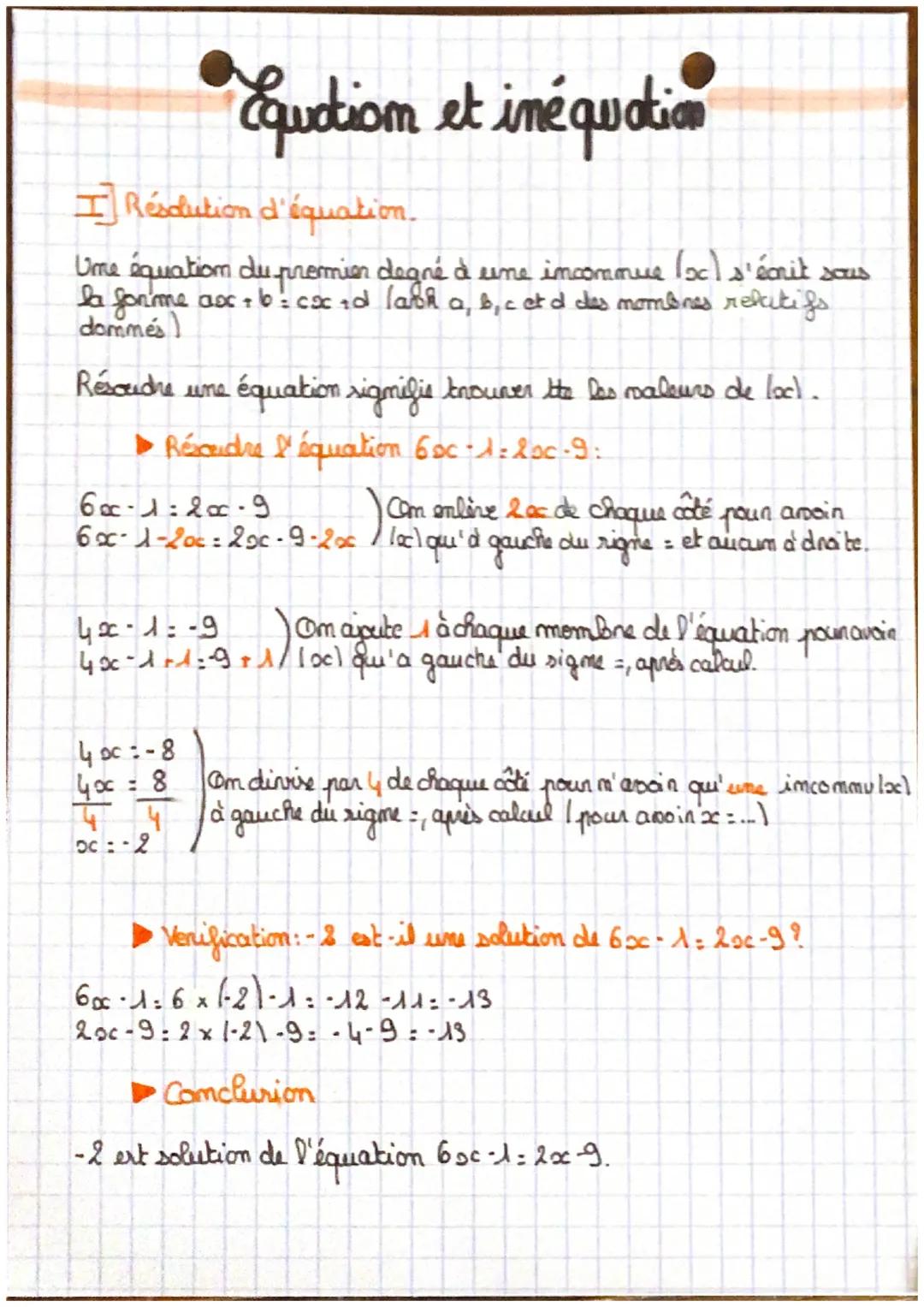# Equation et inéquation
I Résolution d'équation.
Ume équation du premier degné à eene imcommue (oc) s'écrit sous
la forme $ax + b = csc +