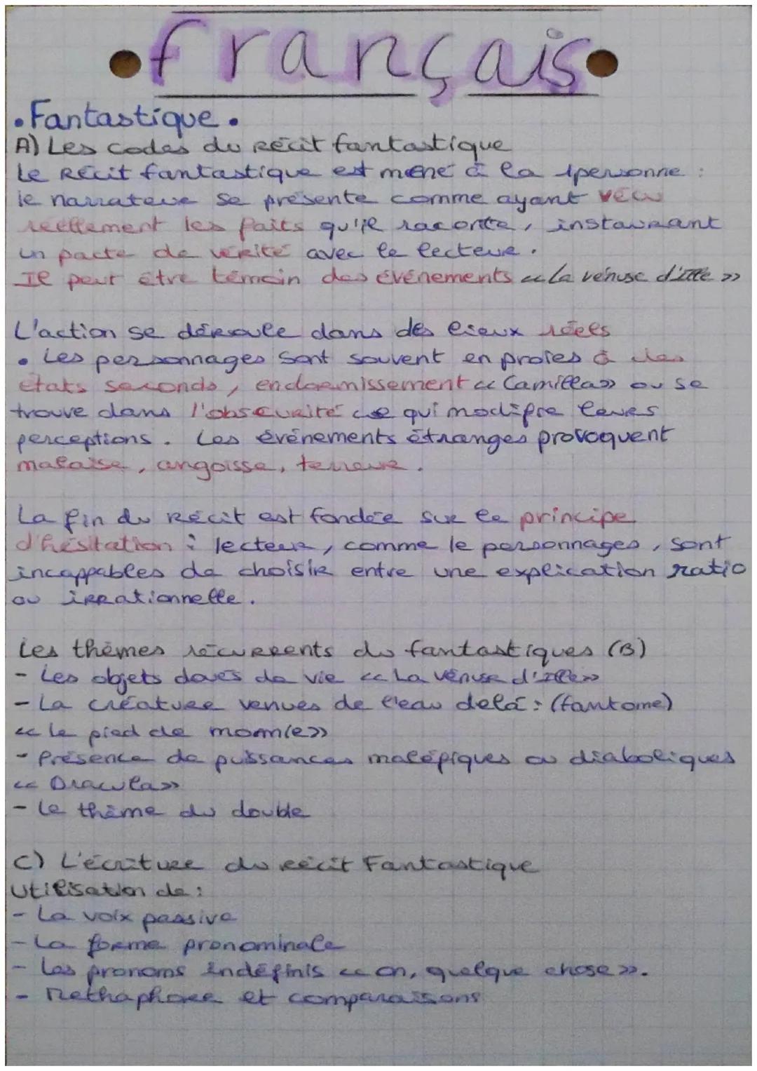 •français
•Fantastique.
A) Les codes du Récit fantastique
Le Récit fantastique est mené à la spevonie:
le narrateve se presente comme ayant