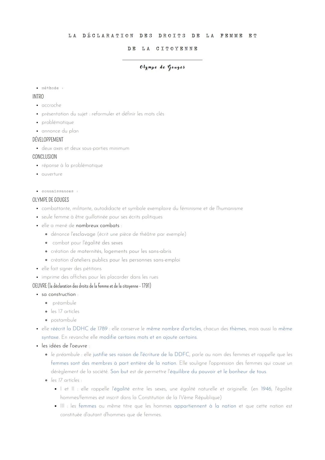 Méthodologie dissertation sur Olympe de Gouges - Sujets et exemples corrigés