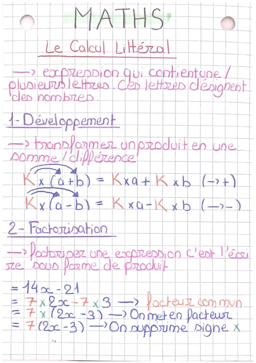 MATHS
Le Calcul Littéral
-> expression qui contientune /
plusieurs lettres Ces lettres désignent
1- Développement
-> transformer un produit