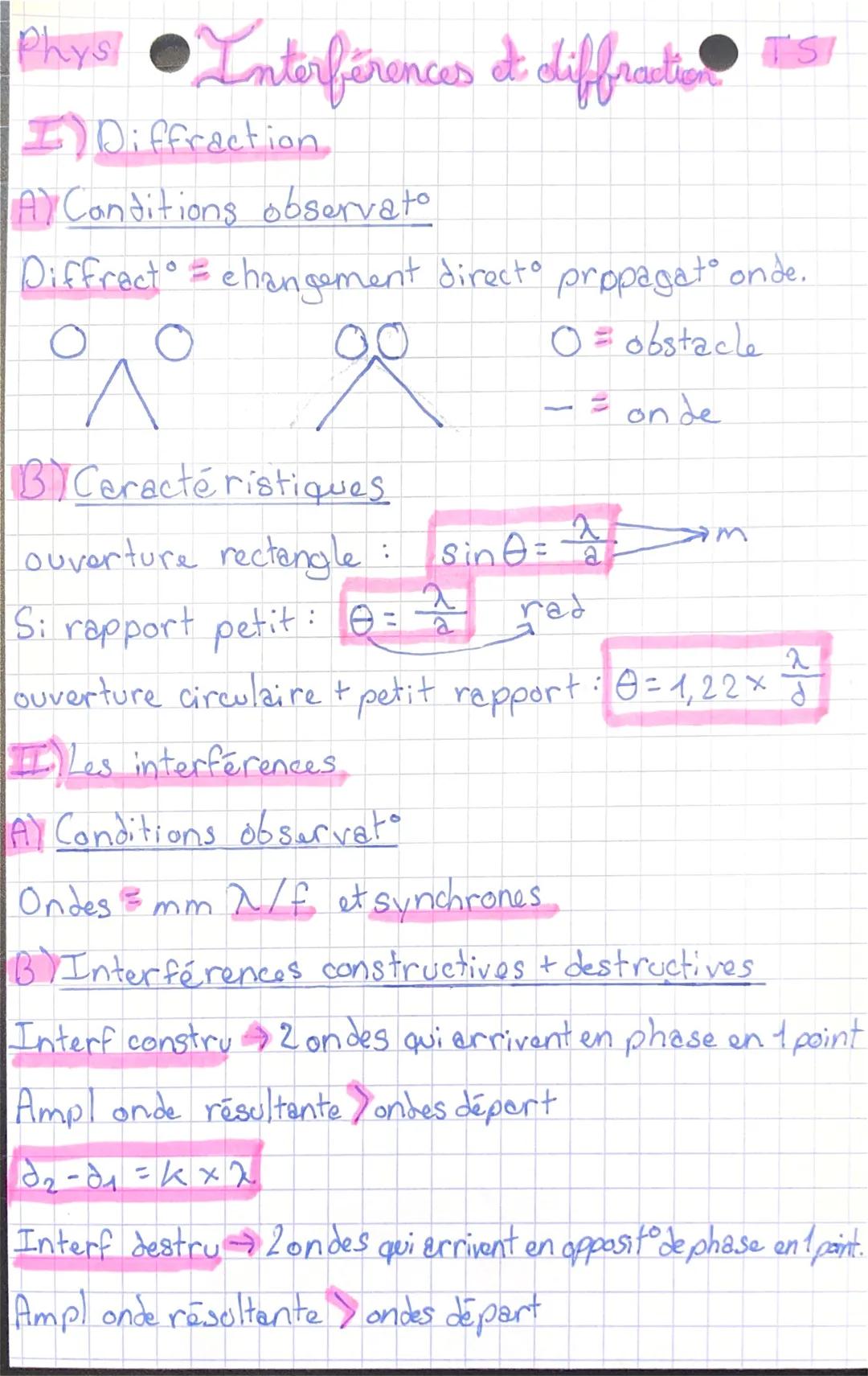 Phys
# Interférences & diffractie is
I) Diffraction
A) Conditions observato
Diffract° = changement direct° propagat° onde.
O = obstacle