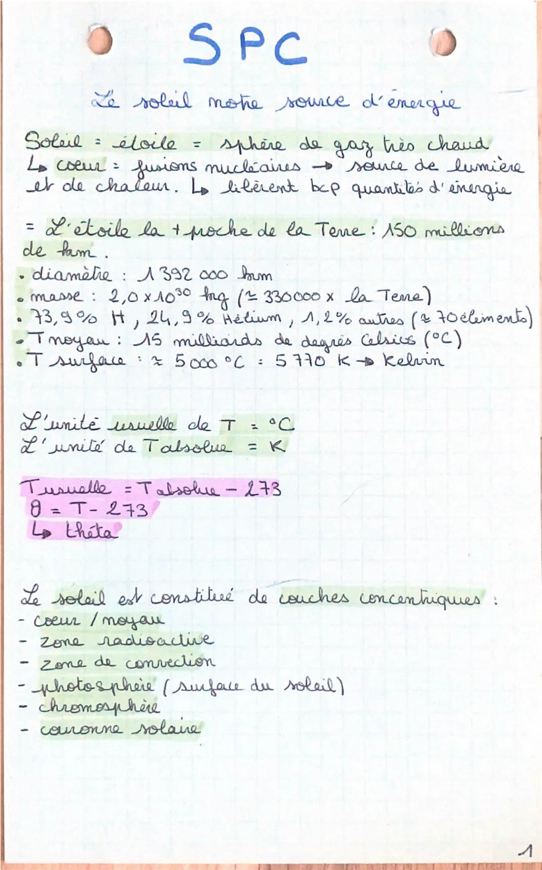SPC
Le soleil notre source d'énergie
Soleil = étoile = sphère de gaz très chaud
↳ cœur : fusions nucléaires → source de lumière
et de chaleu