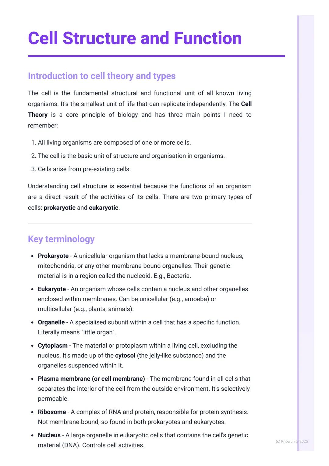 # Cell Structure and Function
Introduction to cell theory and types
The cell is the fundamental structural and functional unit of all know