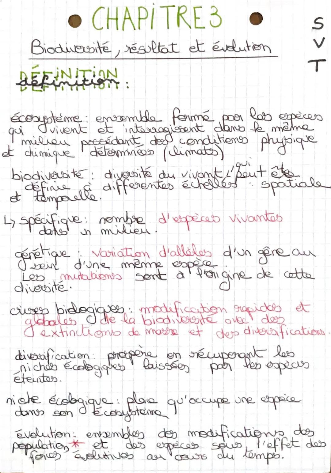 - • CHAPITRES •
- Biodiversité, résultat et évolution
- DEFINITION:
- S
- V
- T
- écosystéme: ensemble formé poor los espèces
- qui vivent e