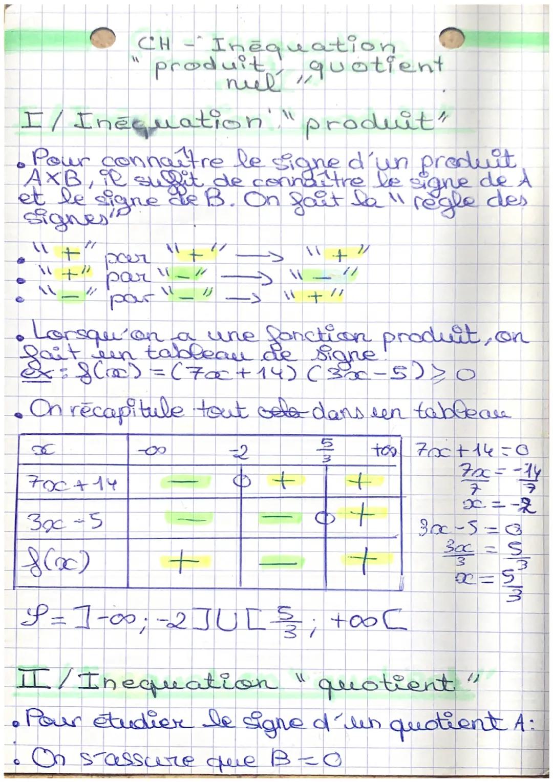 CH-Inequation
"produit quotient
wil"
I/Inéquation" "produit"
• Pour connaitre le signe d'un produit
AXB, il sulit de connaître le signe de