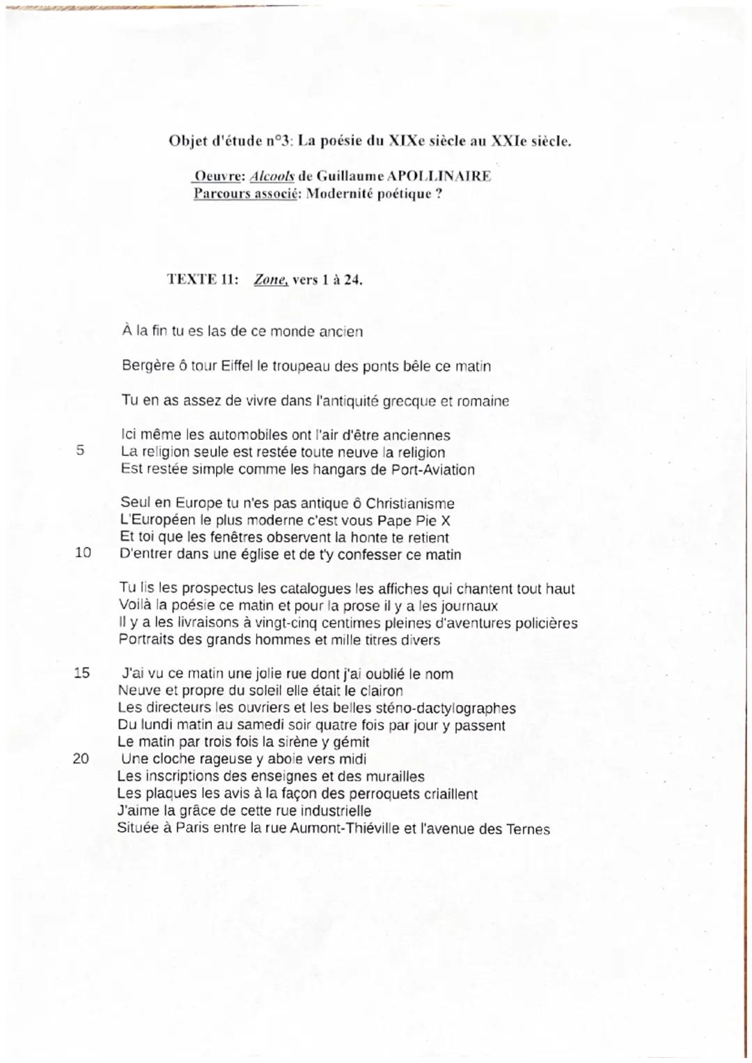 5
10
15
20
Objet d'étude n°3: La poésie du XIXe siècle au XXIe siècle.
Oeuvre: Alcools de Guillaume APOLLINAIRE
Parcours associé: Modernité