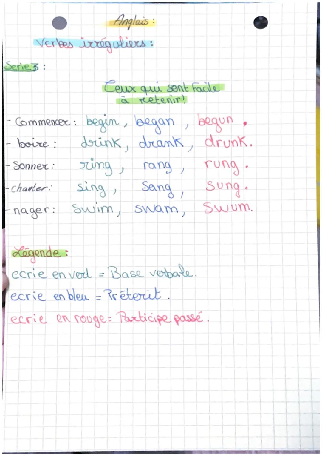 Anglais-
Verbes irrégulions =
Serie 1
-
- Etre :
Avoic:
Faire:
•Fabriquer: make,
T Aller:
be
have
do
obtenir: get
Légend
ecrie en vert
ecrie