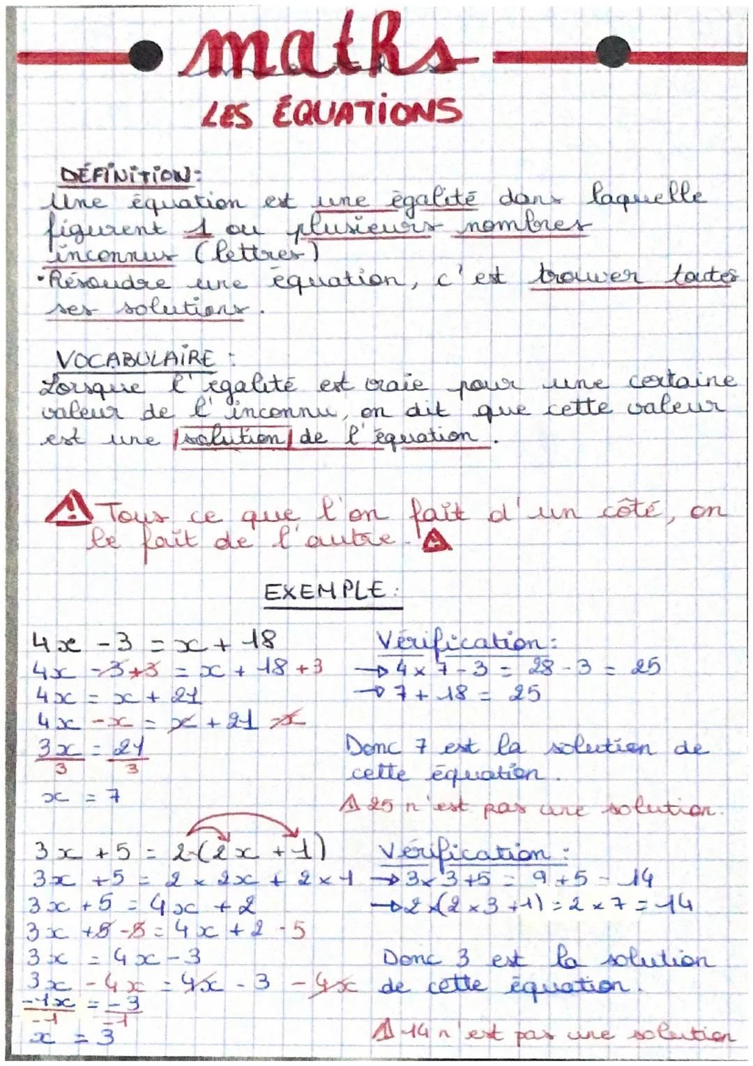 # maths
LES ÉQUATIONS
DEFINITION:
Une équation est une égalité dans laquelle
figurent 1 ou plusieurs nombres
Linconnus (lettres)
•Résoudre