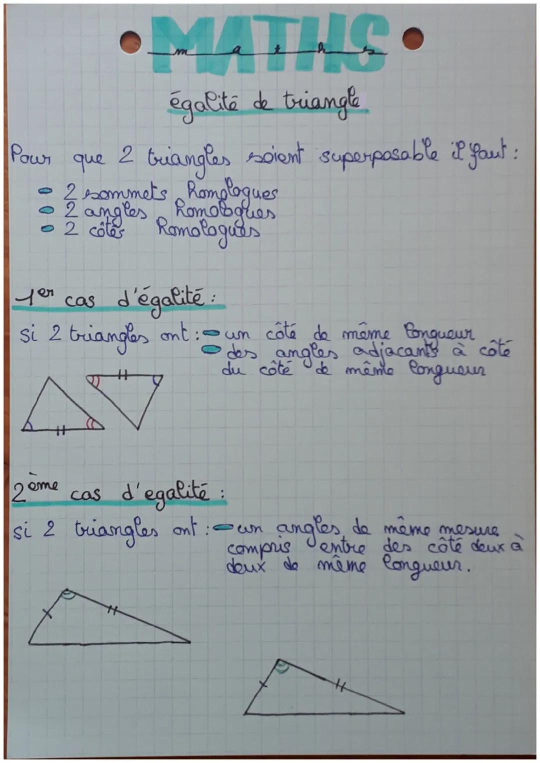 Pour
que
2 triangles
• 2 sommets homologues
• 2 angles homologues
• 2 côtes Romologués
er
for cas
•MATHIC
égalité de triangle
d'égalité:
si