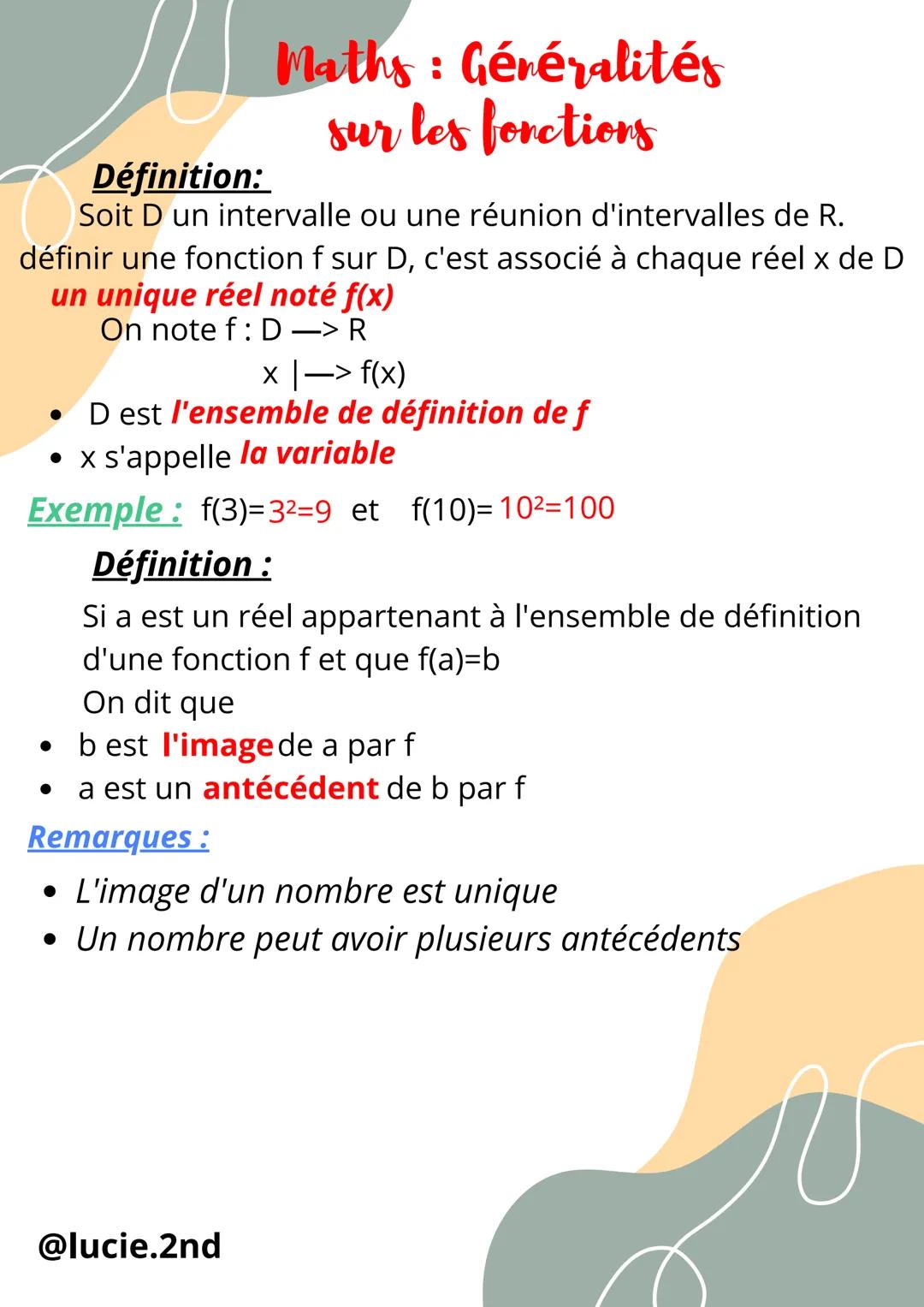 Maths: Généralités
sur les fonctions
Définition:
Soit D un intervalle ou une réunion d'intervalles de R.
définir une fonction f sur D, c'est