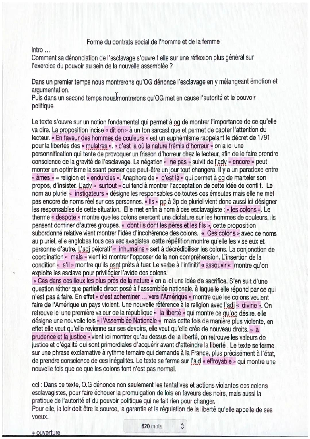 analyse linéaire forme du contrat social de l’homme et de la femme olympe de gouges