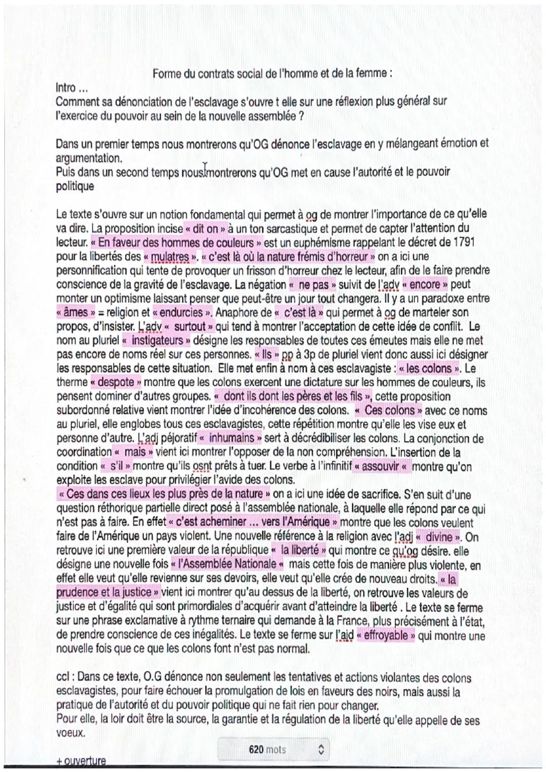 Forme du contrats social de l'homme et de la femme :
Intro...
Comment sa dénonciation de l'esclavage s'ouvre t elle sur une réflexion plus g