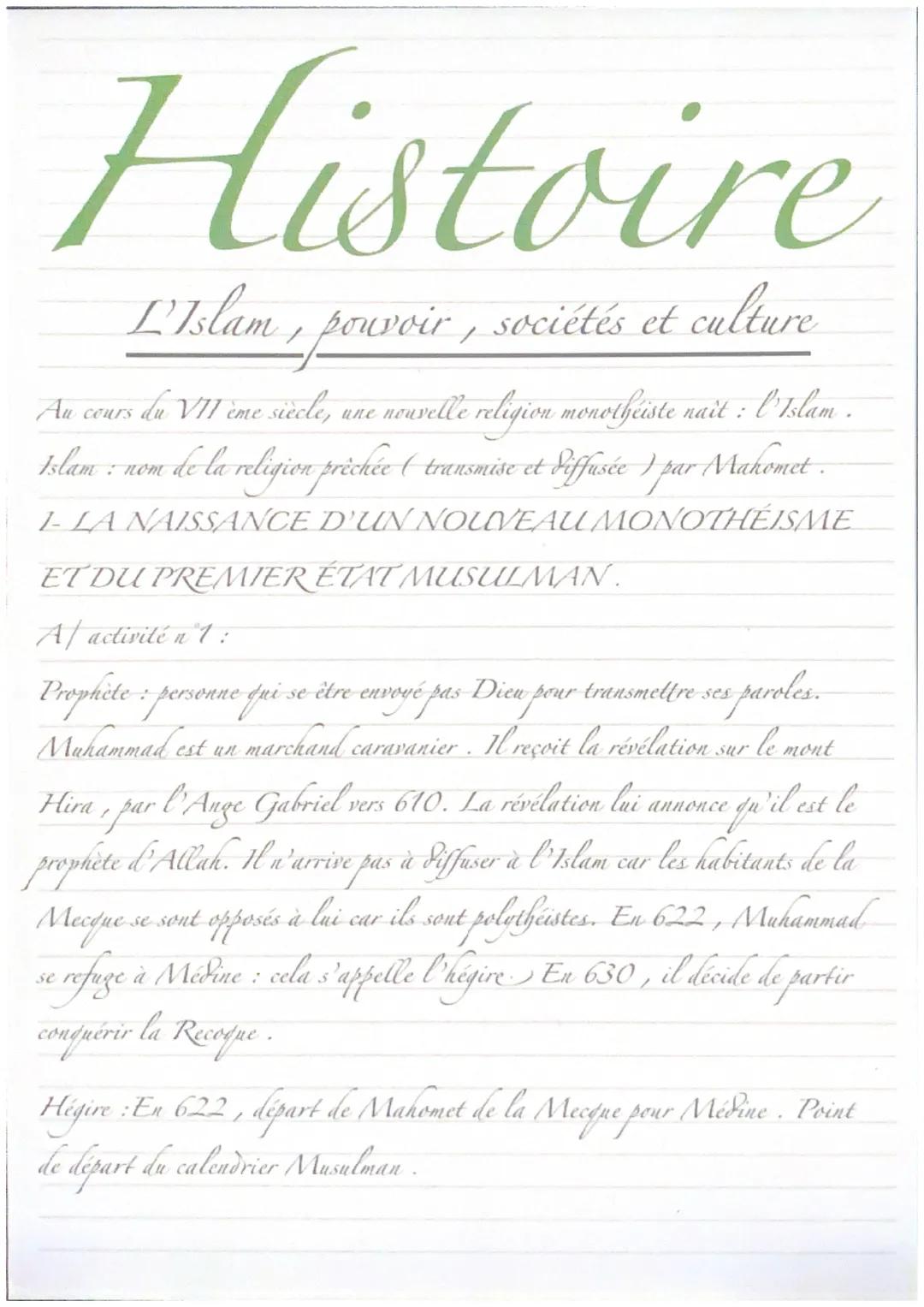 Histoire
L'Islam, pouvoir, sociétés et culture
Au cours du VII ème siècle, une nouvelle religion monothéiste naić : l'Islam .
: nom de la re