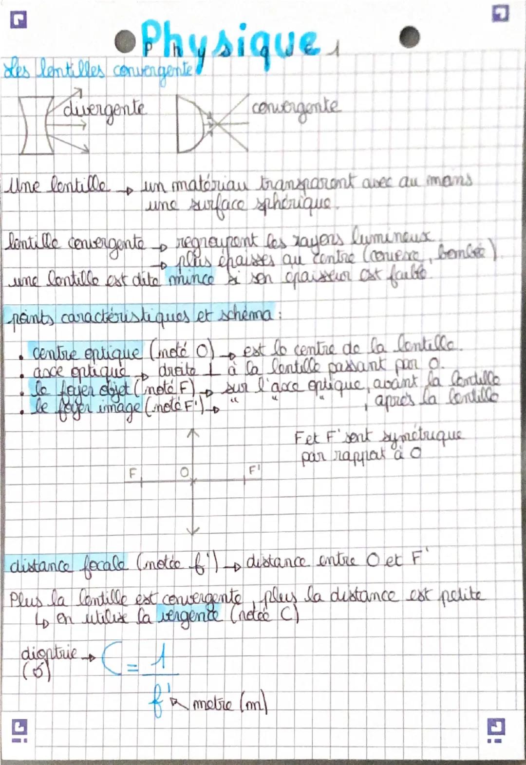 !G
● Physique
Les lentilles convergente!
divergente
convergente
Une lentille • un matériau transparent avec au mans.
une surface sphérique.