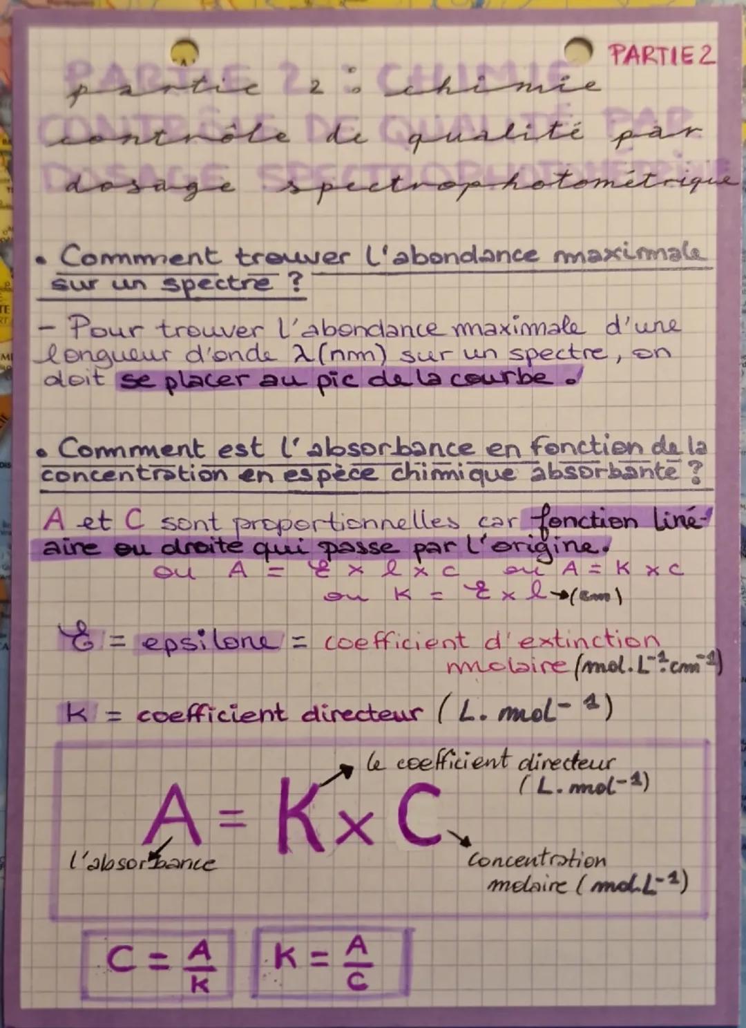 CHIMIE
PARTIE 1
contrôle de qualité par
dosage spectrophotométrique
λ dans
Perception
Heu
Le vide (nm)
cyan
Vickt
380-420
435-480
480-500
Ve