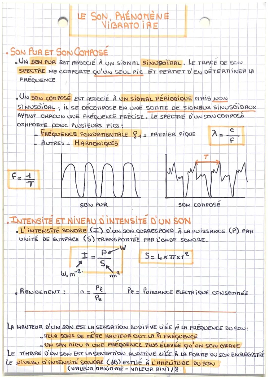 LE SON, PHENOMENE
VIBRATOIRE
SON PUR ET SON COMPOSE
• UN SON PUR EST ASSOCIÉ À UN SIGNAL SINUSOIDAL. LE TRACE DE SON
SPECTRE NE COMPORTE QU'
