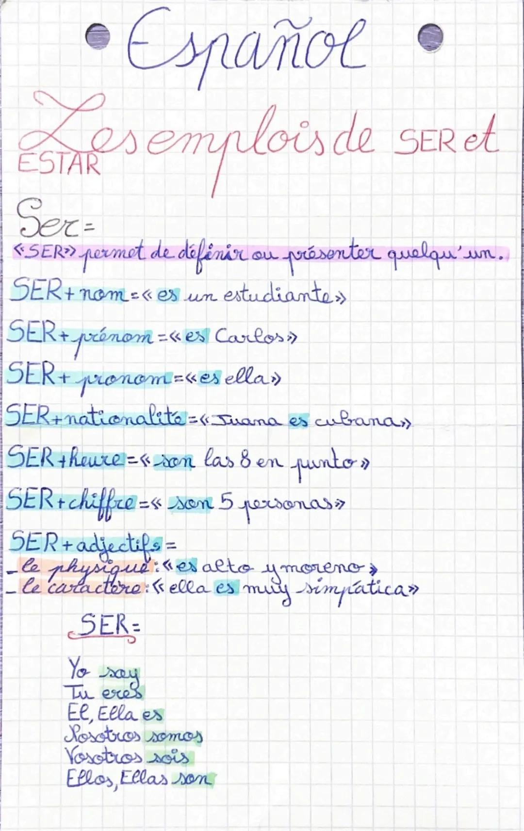 •Español
smes emplois de SERet
ESTAR
Ser=
<SER»> permet de définir ou présenter quelqu'un.
SER+ nom = << es un estudiante >>
SER + prénom =«