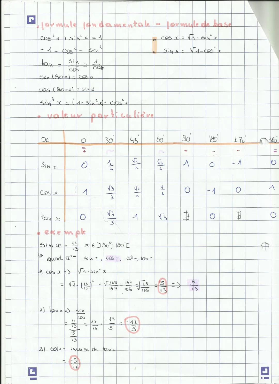 7
IG
formule fondamentale
Cos ² α = sin ² x = 1
1
1 = cos ² -
D
tan =
Sin 180-a)= cos a
Cos (30-x) = sind
Sin ³ x = (1-sin ²³0 = COS² 20
8.