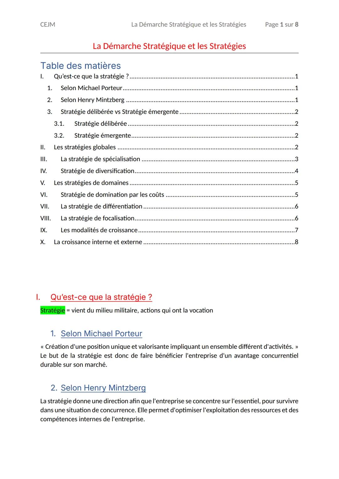 CEJM
La D
émarche Stratégique et les Stratégies
Page 1 sur 8
La D
émarche Stratégique et les Stratégies
Table des mati