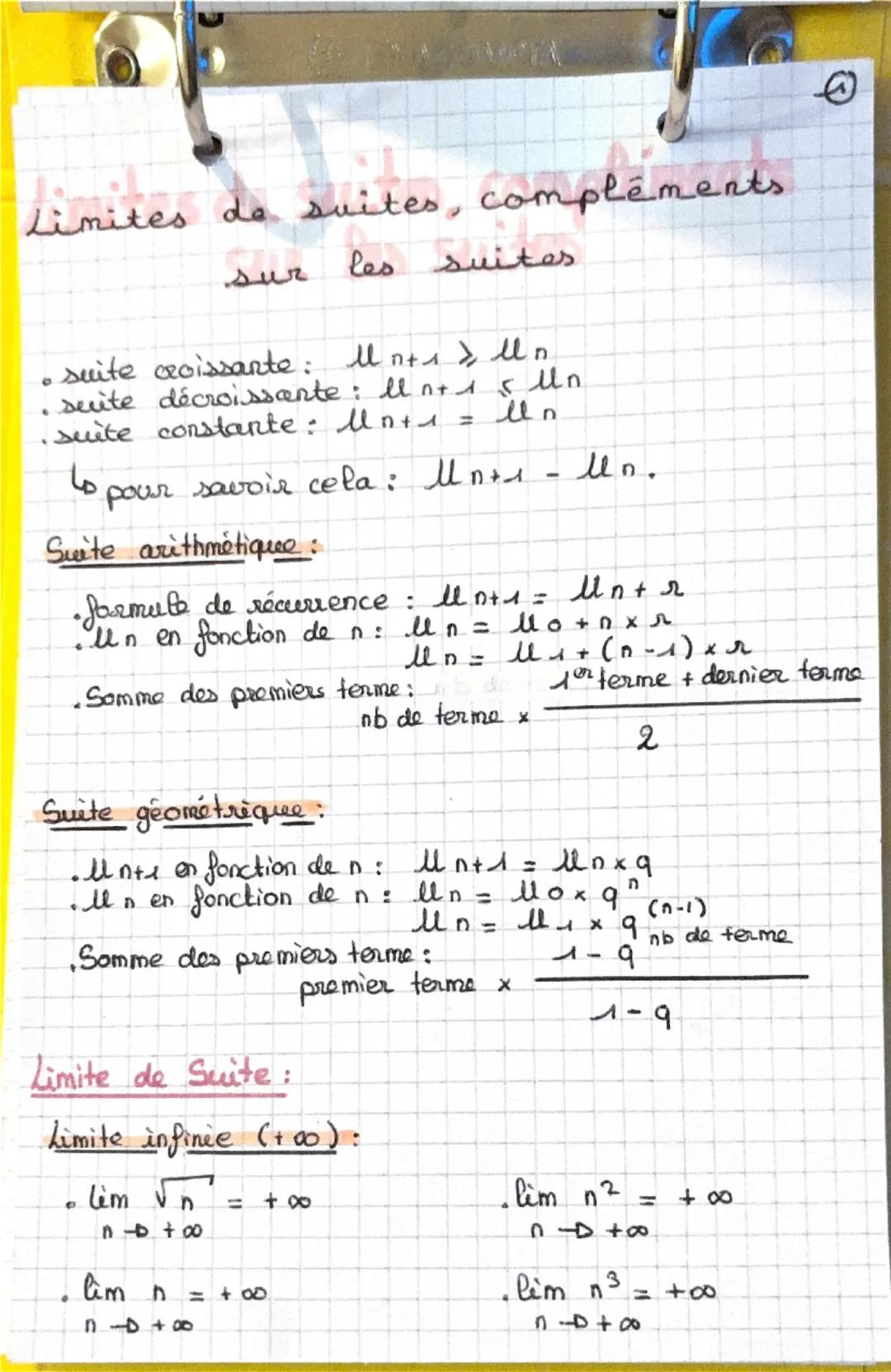 # Limites de suites, compléments
sur les suites
- suite croissante : $u_{n+1} > u_n$
- suite décroissante : $u_{n+1} < u_n$
- suite consta