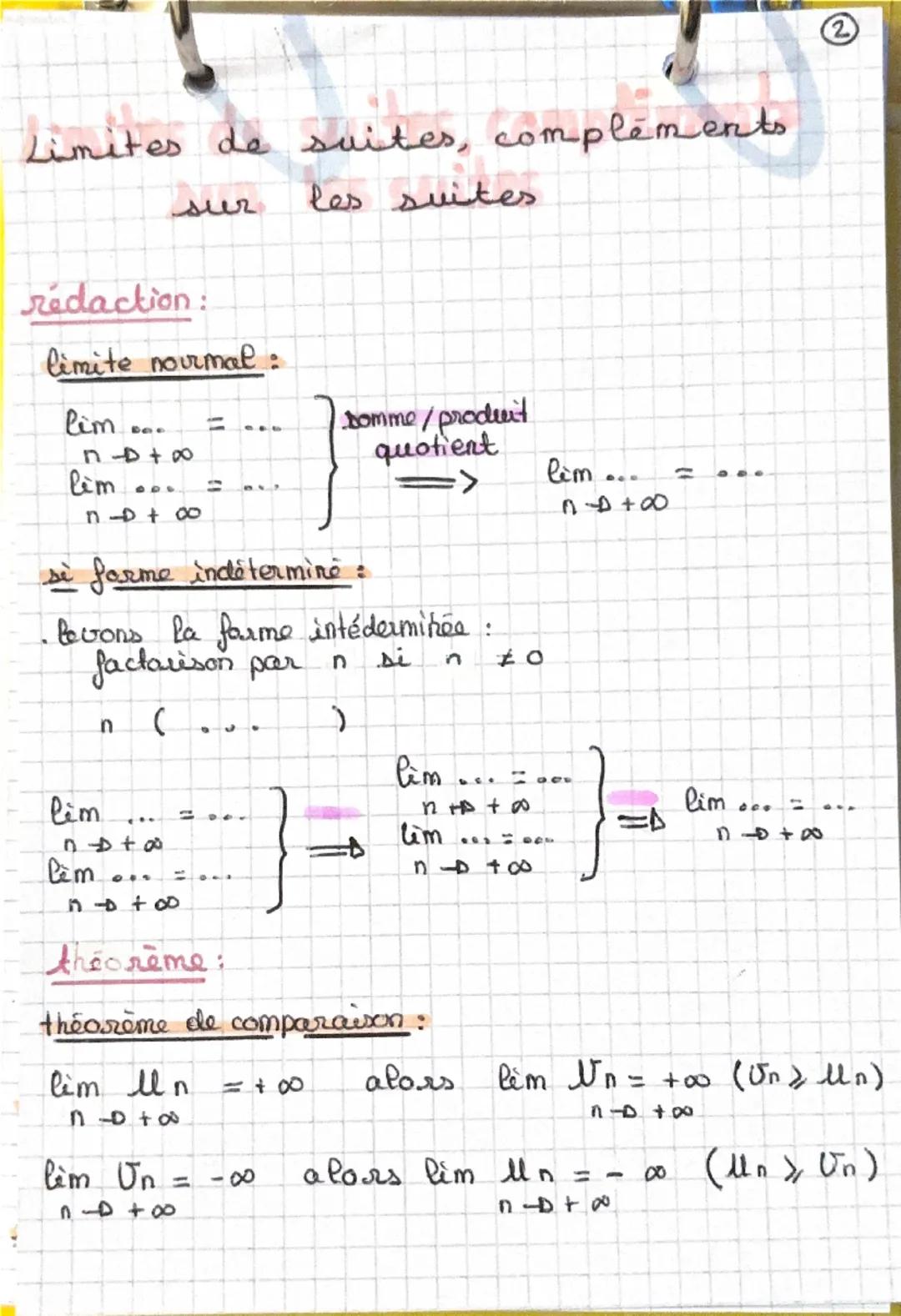 # Limites de suites, compléments
sur les suites
- suite croissante : $u_{n+1} > u_n$
- suite décroissante : $u_{n+1} < u_n$
- suite consta