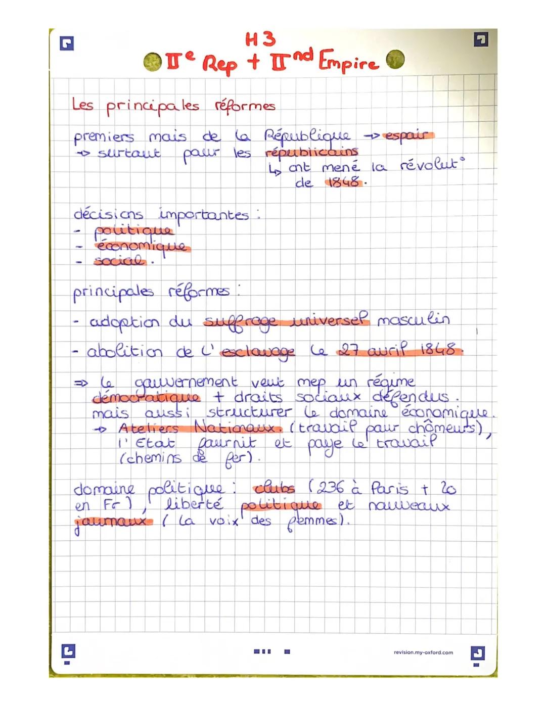 H3
Te Rep + Ind Empire
Les principales réformes
premiers mais de la République →→ espair
→ surtout. paur les républicains
décisions impo