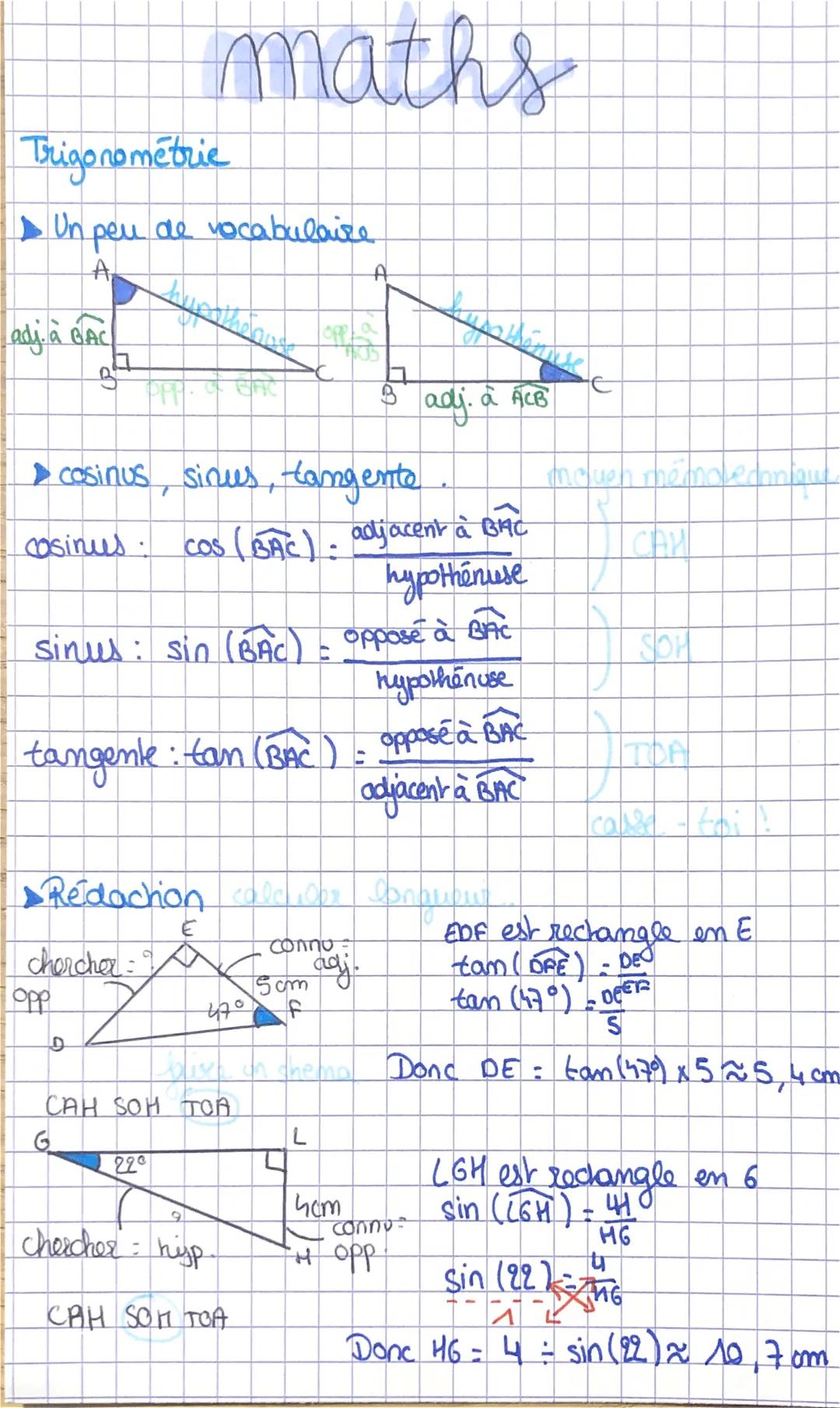Trigonométrie
Un peu de vocabulaire
A₂
adj. a BAC
10
P
D
PPH
hurt the bout
EFIC
E
chercher : A
opp
maths
220
=
▶ cosinus, sinus, tangente
co