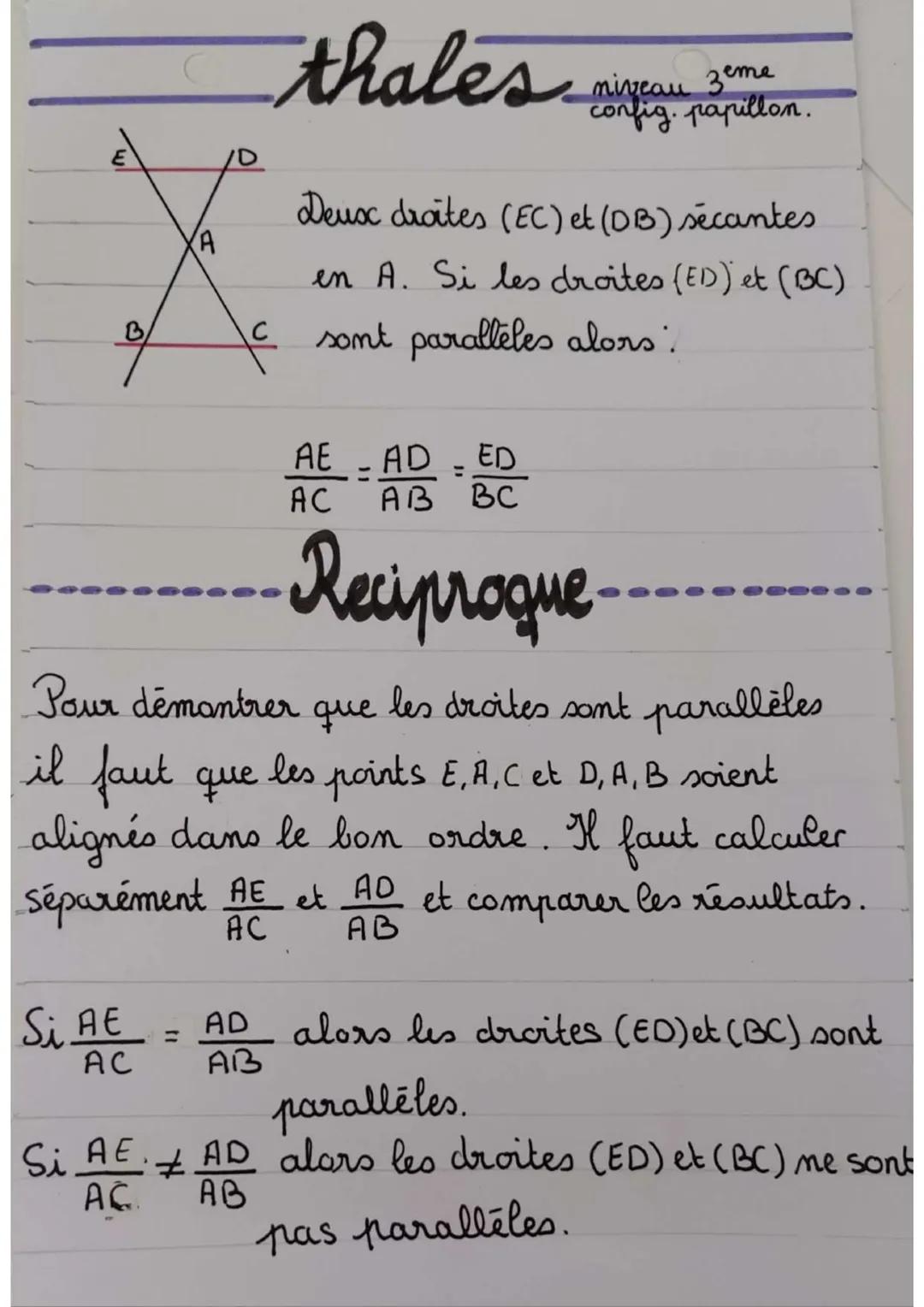 E
# thales
niveau zeme
config. papillon.
Deux droites (EC) et (DB) sécantes
A
en A. Si les droites (ED) et (BC)
B
C sont parallèles alors: