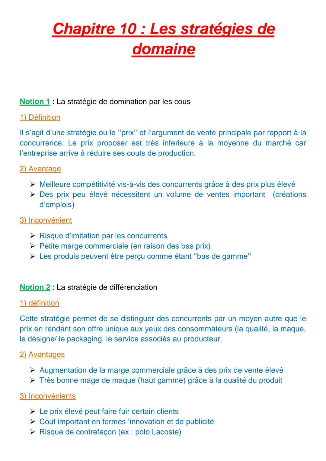 # Chapitre 10 : Les stratégies de
domaine
Notion 1: La stratégie de domination par les cous
1) Définition
Il s'agit d'une stratégie ou le