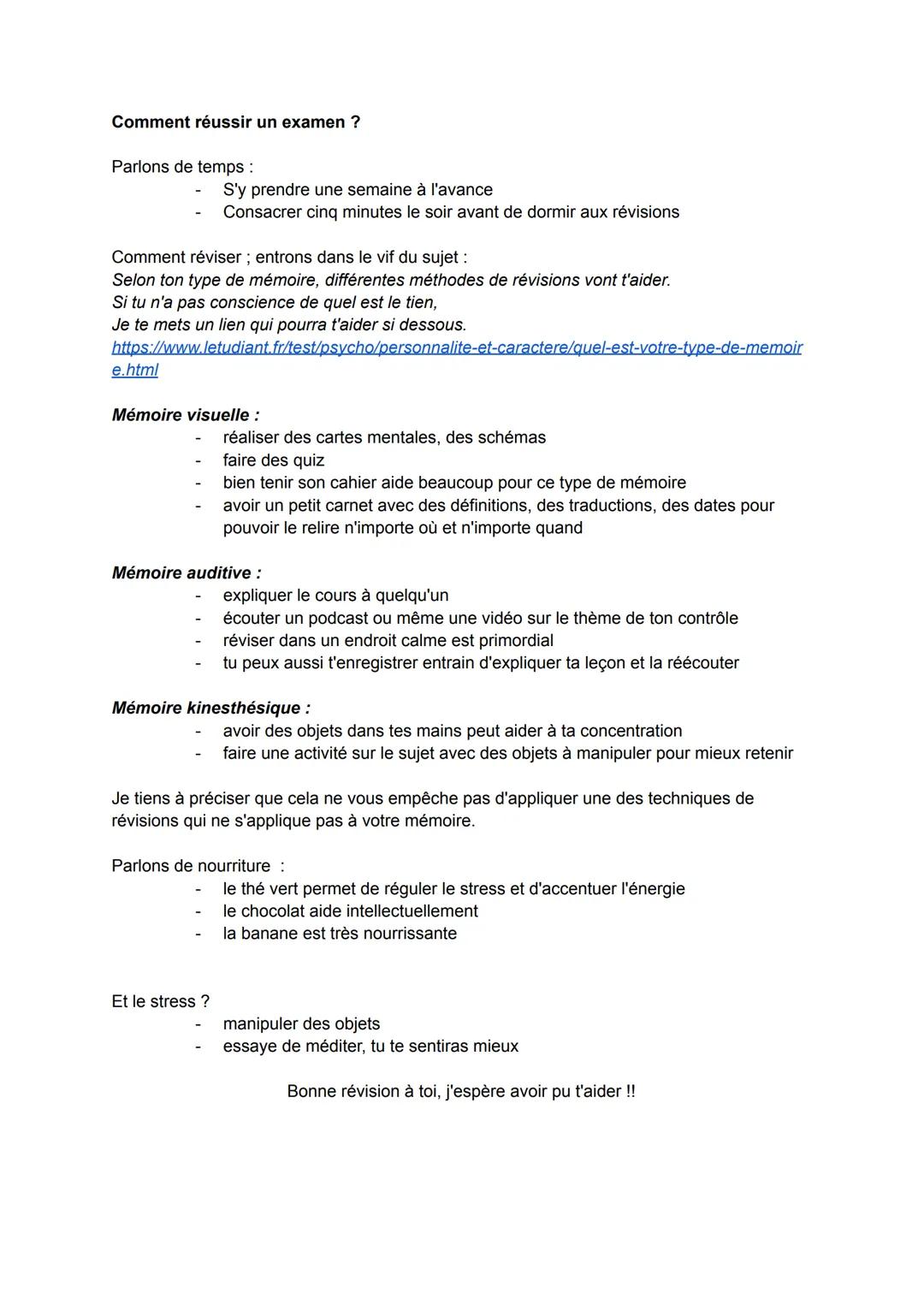 Comment réussir un examen ?
Parlons de temps :
Comment réviser; entrons dans le vif du sujet :
Selon ton type de mémoire, différentes méthod
