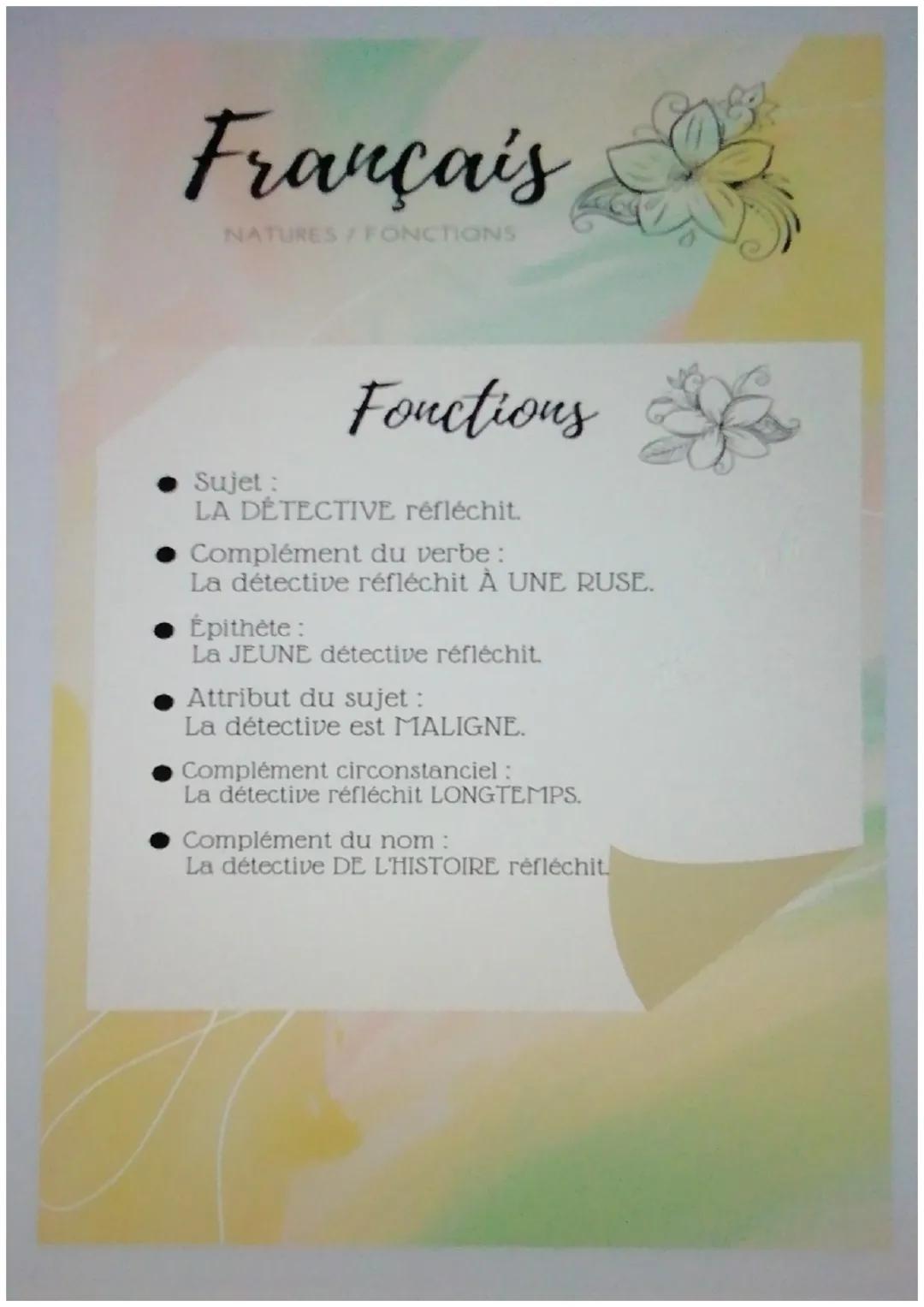 # Français
NATURES/FONCTIONS
## Natures
MOTS VARIABLES
Le nom désigne un objet, une personne ou une idée.
Le déterminant, devant le nom,