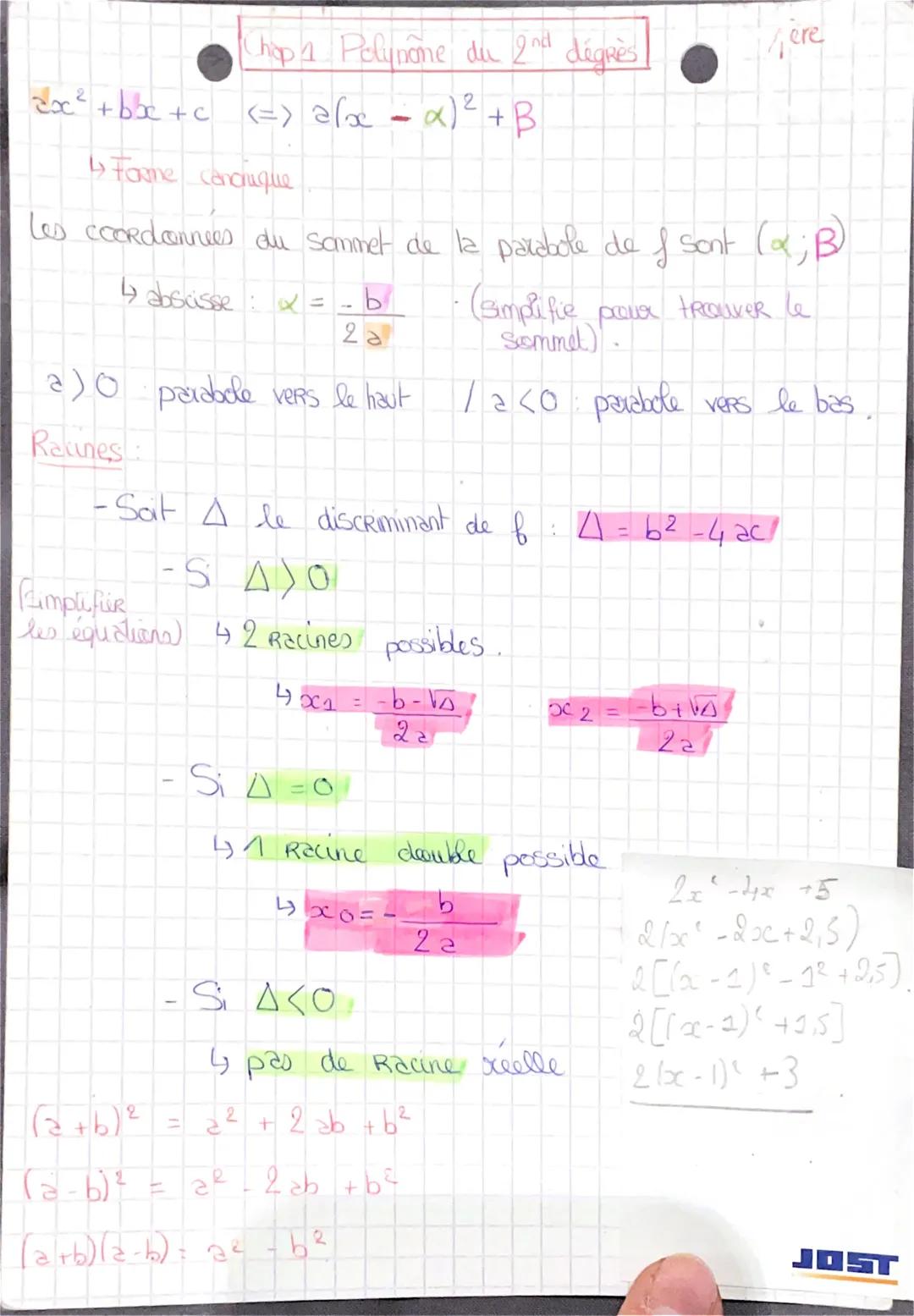 3x² +bbc+c <=> a[x
Chop 4 Poluname du 2nd dégrès
2
<=> a[x = x)² +B
↳ Forme conchique
les coordonnées du sommet de la parabole de f sont (α;