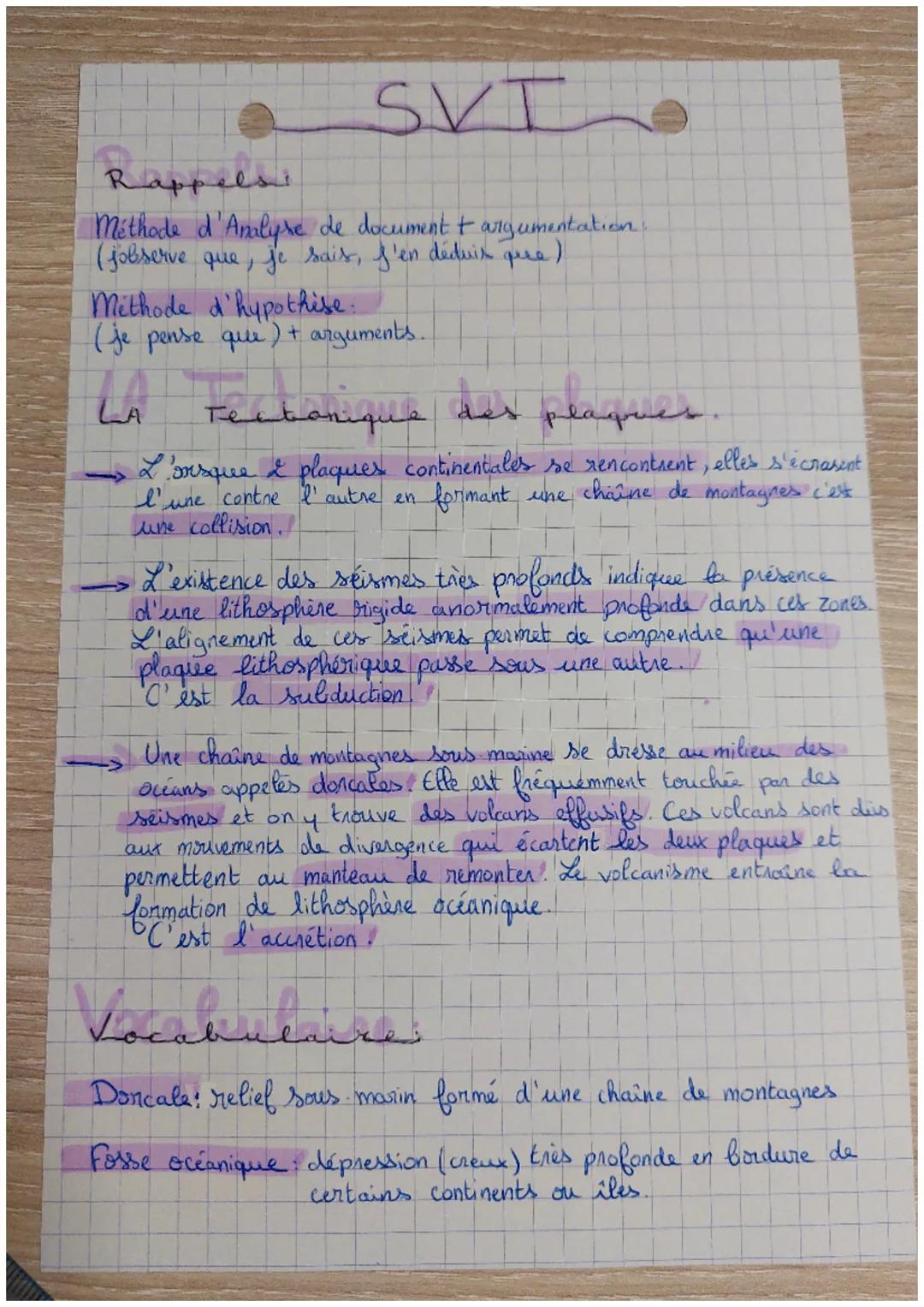 SVT
Rappels
Méthode d'Analyse de document + argumentation.
(jobserve que, je sais, f'en déduir que)
Méthode d'hypothèse.
(je pense que ) + a