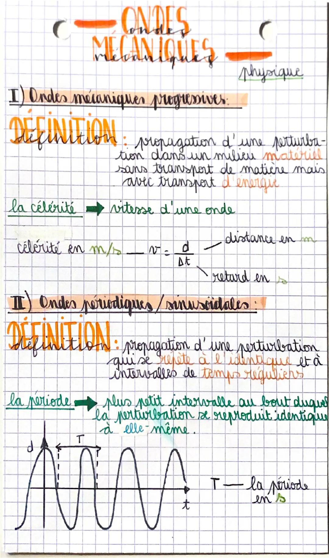 ONDES
MECANIQUES
(
physique
I) Ondes mécaniques progressives.
définition: propagation d'une perturba-
tion dans un milieu materiel.
sans tr