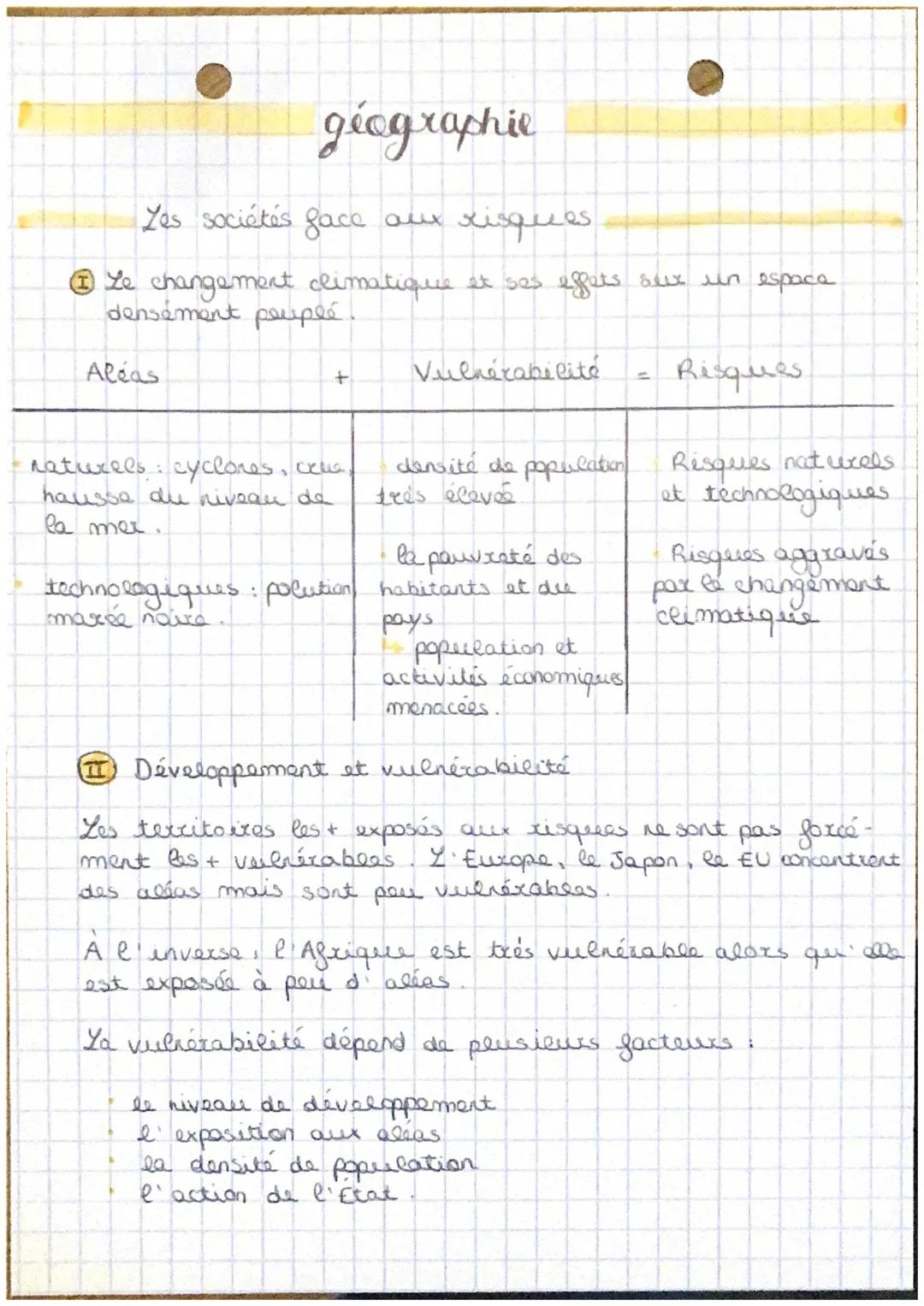 géographie
Les sociétés face aux risques
ⒸLe changement climatique et ses effets seix un espace
densement peuplé
Aléas
+
naturels: cyclones,