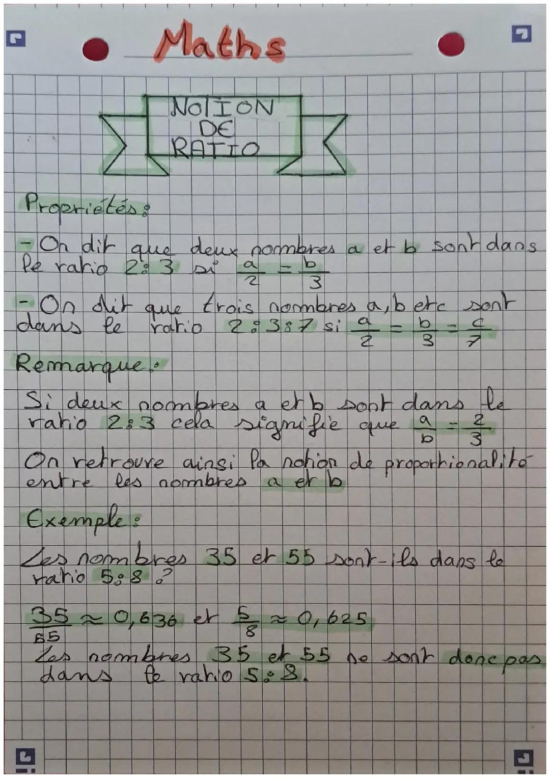 • Maths
NOTION
DE
RATIO
Proprietés :
- On dit
que
le ratio 2: 3 si
dey
deux nombres a et b sont dans
Z
a
2
3
- On dit que trois nombres a, b