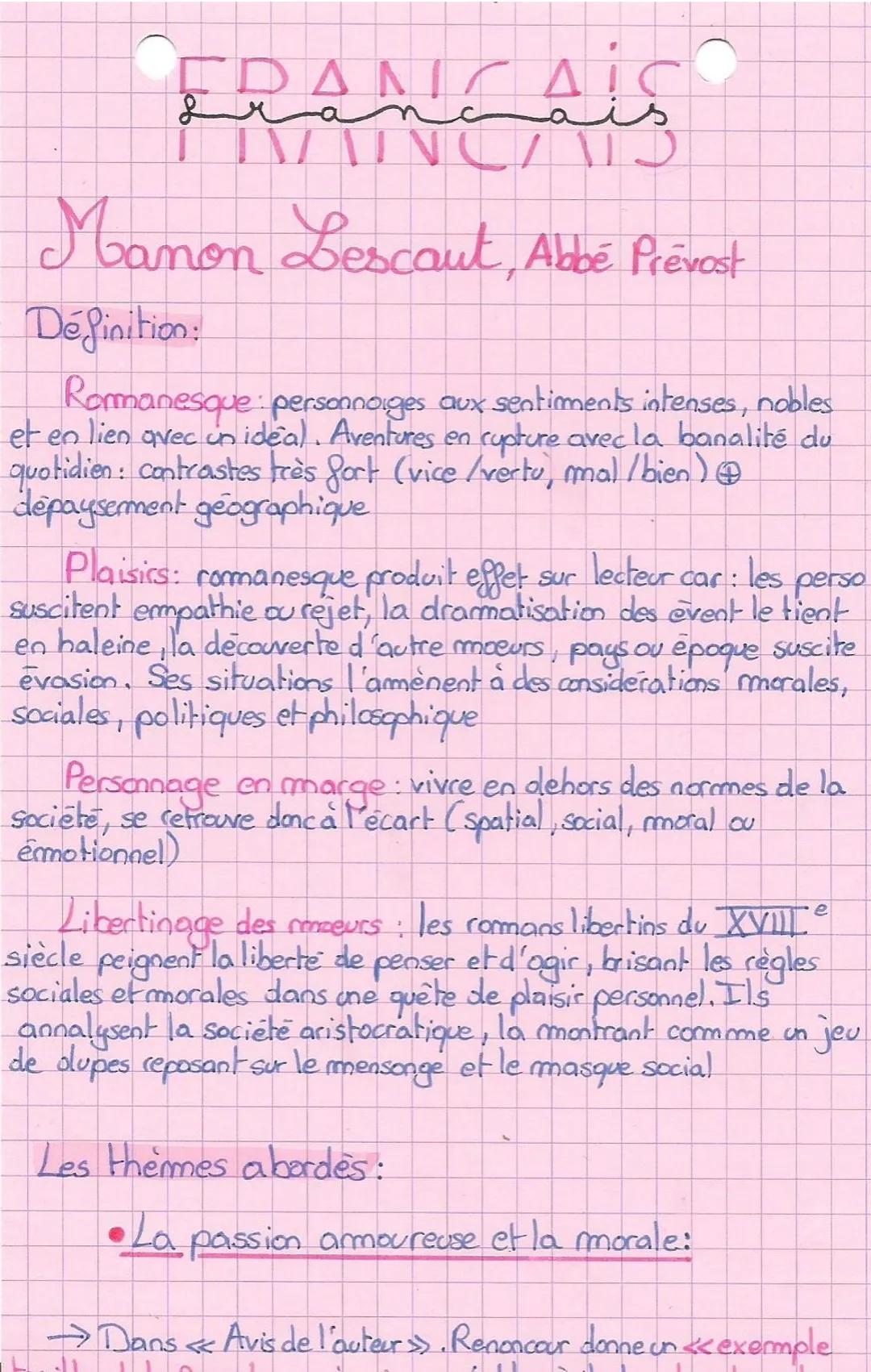 # FRANCAICO
Francais
Manon Lescaut, Abbé Prévost
Définition:
Romanesque: personnorges aux sentiments intenses, nobles
et en lien avec un