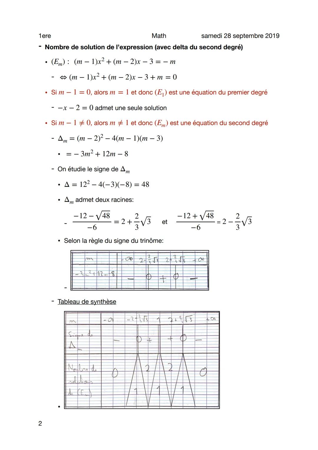 1ere
samedi 28 septembre 2019
Méthode - étude d'expression du second degrés
Sujet
Nombre de solution de l'expression
• (Em): (m− 1)x² + 2mx+