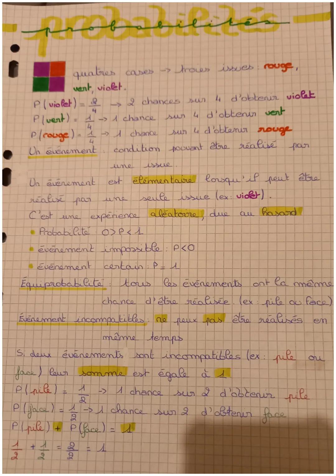 # probabilités
quatres cases → trous issues: rouge,
vent, violet.
$P(violet) = \frac{2}{4}$ → 2 chances sur 4 d'obtenir violet
$P(vent)=